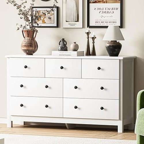 White Dresser for Bedroom, 7 Drawer Chest of Drawer with Metal Handle and Wide Drawer, Modern Wood Double Storage Organizer Dresser for Living Room, Hallway, Entryway