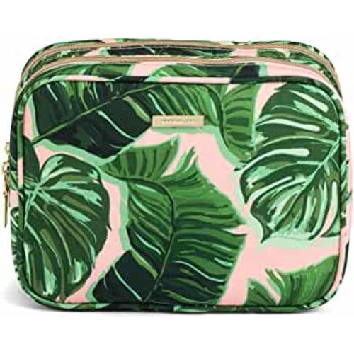 Conair Makeup Bag, Large Double Zip Toiletry and Cosmetic Bag, Perfect Size for Use At Home or Travel, Double Zip Organizer Shape in Pink Palm Print