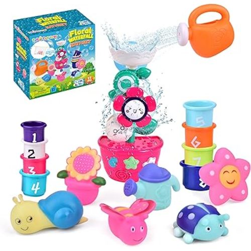 16Pcs Bath Toys for Toddlers, Flower Waterfall Water Station Garden Squirter Toys, Stacking Cups Watering Can Shower Toy,Fun Bath Time Toys for Kids Girls and Boys Age 1-5