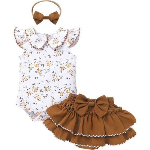 Baby Girl Clothes Infant Summer Outfits Set Ruffle Sleeve Romper and Floral Shorts with Headband
