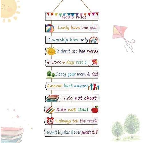 Bucherry God Rules Sign Wall Decor 11 Pieces Wooden Hanging Wall Art Inspirational Religious Art Wall Decors Ten Commandments for Bedroom Classroom Playroom Decor Christian Gift