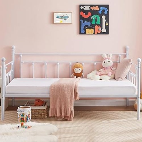 VECELO Daybed Frame, Twin Size Metal Platform Bed with Headboard,Heavy Duty Steel Slats Support for Living Room Bedroom Guest Room, Easy Assembly