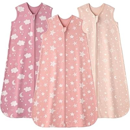 Baby Sleep Sack 6-12 months, 100% Cotton Sleeping Sack for Newborn and Infant, 3 Pack Baby Wearable Blanket, 0.5 Tog Lightweight Double Zipper Sleep Bag Medium Pink Stars Moon