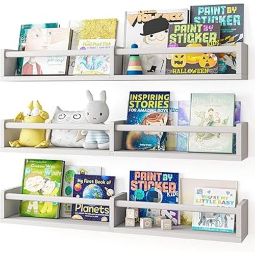 Fixwal Nursery Bookshelves, 32in Floating Bookshelves for Wall Set of 3, Wood Wall Mounted Floating Shelves for Baby Nursery Decor, Toys and Decor Storage (White)