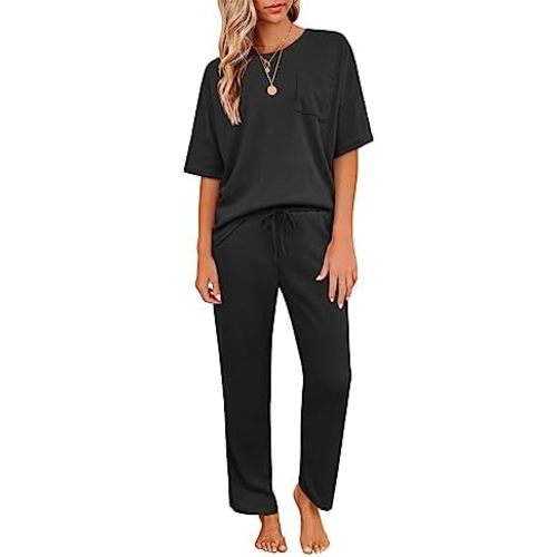 JiniGolla Womens Pajama Sets Waffle Knit Short Sleeve Shirt with Long Pajama Pants Soft Sleepwear Pj Lounge Sets