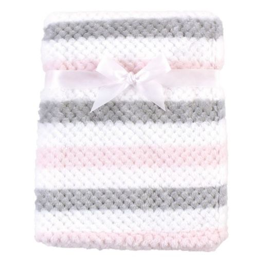 Hudson Baby Infant Girl Plush Waffle Blanket, Pink Gray Stripe, One Size