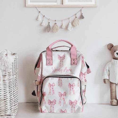 Pink Bow Diaper Bag Backpack: Custom Personalized Baby Girl Gift