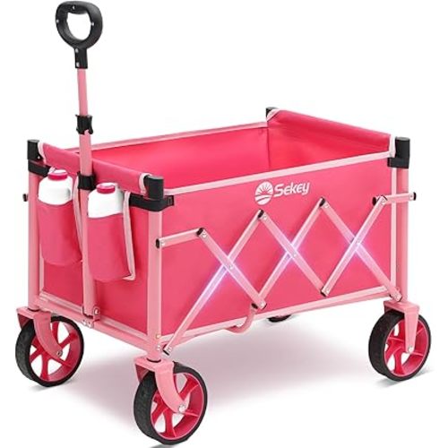 Heavy Duty Wagon with Big Wheels, Foldable Cart with 220LBS Capacity, Utility Lightweight Wagon, Collapsible Grocery Shopping Cart for Camping Sports & Holiday. Barbie Pink