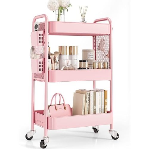 TOOLF 3 Tier Rolling Cart Storage Organizer, Metal Rolling Utility Cart with Wheels, Hooks & Bins Esthetician Craft Art Sturdy Storage with Pegboard for Bathroom, Kitchen, Office, Nursery Diaper