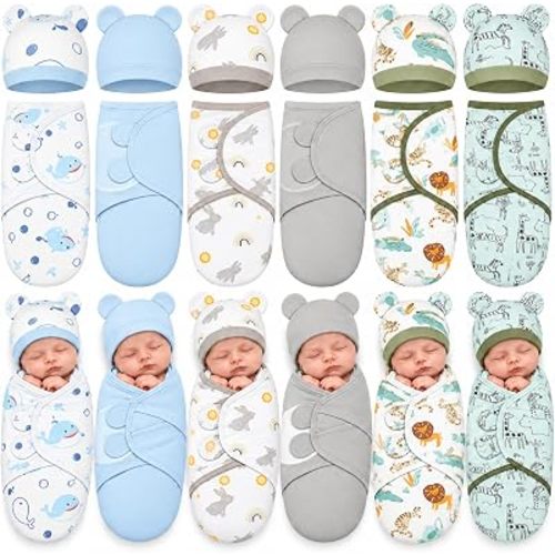 Ramede 6 Pack Baby Swaddle Blankets with Hats,Whale,Blue and Green