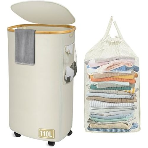 Laundry Hamper 110L Laundry Basket with Lid Wheels Removable Laundry Bag and Side Pocket Dirty Clothes Hamper for Dorm Bedroom Bathroom Laundry Room
