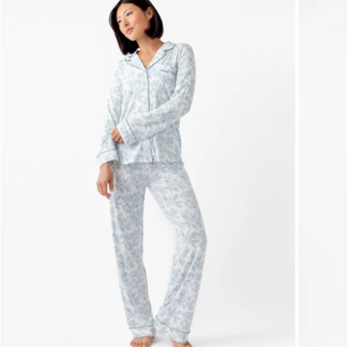 Women's Bamboo Stretch-Knit Long Sleeve Pajama Set | Cozy Earth - blue toile, M