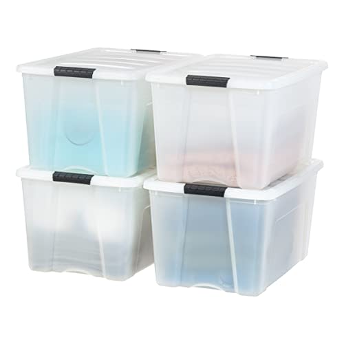 Iris USA 40 Quart Plastic Storage Bin Tote Organizing Container with Durable Lid and Secure Latching Buckles, Stackable and Nestable, 4 Pack, Pearl