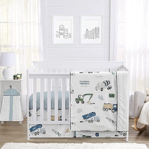 Sweet Jojo Designs Construction Truck Baby Boy Nursery Crib Bedding Set - 4 Pieces - Grey Yellow Black Blue and Green Transportation Chevron Arrow