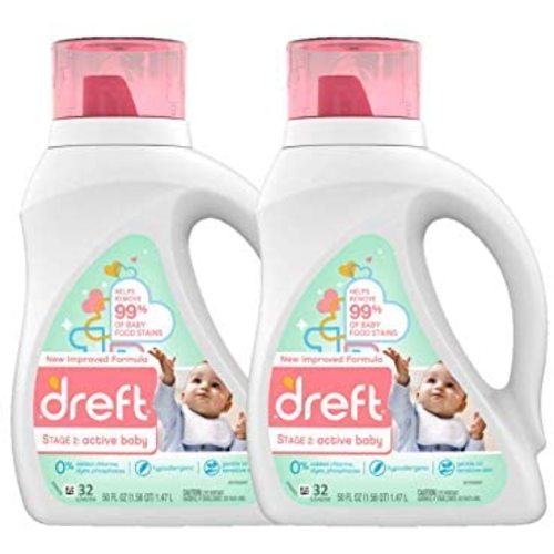 Dreft Stage 2: Baby Liquid Laundry Detergent Soap, Natural for Newborn, or Infant, HE, 64 Total Loads (Pack of 2) - Unscented and Hypoallergenic for Sensitive Skin