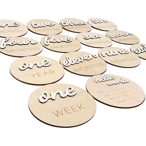3D Wooden Monthly Milestone Cards, Baby Monthly Milestone Marker Cards, Newborn Memento Milestone to Document Baby's Growth, Pregnancy Journey Sign -incl Announcement & Hello World Sign.