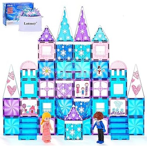 Diamond Magnetic Tiles Set 145PCS with Magnetic Doodle Kit, 3D Blocks Magnet Toys for Girls 3 4-7,8-12, Stem Toys Princess Castle Include 2 Stairs 2 Dolls Decals Stickers,3 4 5 6 7 8+ Girls Xmas Gift
