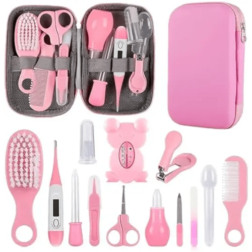 Baby Grooming Kit, Infant Safety Care Set with Hair Brush Comb Nail Clipper Nasal Aspirator,Baby Essentials Kit for Newborn Girls Boys (Pink Baby Grooming kit)