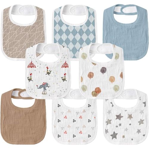 GLLQUEN BABY Muslin Drool Bibs for Boys Girls 8 Pack, Adjustable Baby Bibs for Drooling and Teething, Soft Cotton Baby Bandana Bib for Newborn Feeding Essentials (Circus)