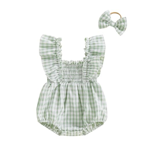 VSQWLZT Newborn Infant Baby Girl Summer Clothes Smocked Bubble Romper Sleeveless Plaid Onesie + Headband 2Pcs