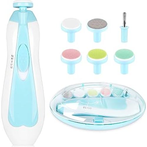 Electric Nail File Drill for Baby No Sharp Claws Hurt, 6 in 1 Safety Cutter Trimmer Clipper for Toes and Fingers (Blue)