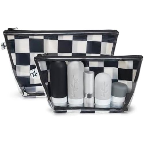 Tiny Twinkle Mess-proof Travel Bags, Airline Compliant, Zipper Closure, Clear Front Pouch, Diaper Bag Packing, Toiletry or Cosmetics Organizer 2 Pack Set (Black Checkers)