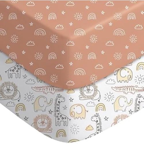 Yoofoss Pack and Play Sheets Fitted, Mini Crib Sheets 2-Pack for Pack N Play Mattress, Stretchy Playard Sheet, Soft and Breathable Animal World