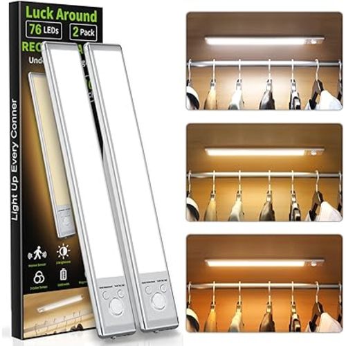 Under Cabinet Lights,1500mAh Rechargeable Closet Lights, 76 LED Operated Motion Sensor Light Indoor, Magnetic Under Counter Lights Wireless Dimmable for Kitchen, Stairs 2-Pack