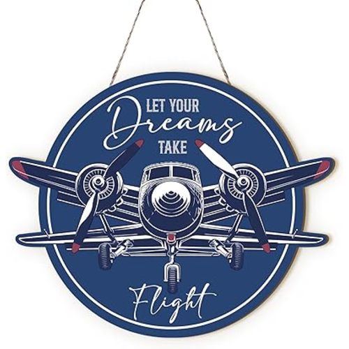 MOTERMATE Let Your Dreams Take Flight Sign Decor, Teen Boys Playroom Trendy Room Front Porch Door Decor, Navy Blue Toddler Inspirational Airplane Aviation Home Wall Hanging Decor for Kids, 8x10 Inch