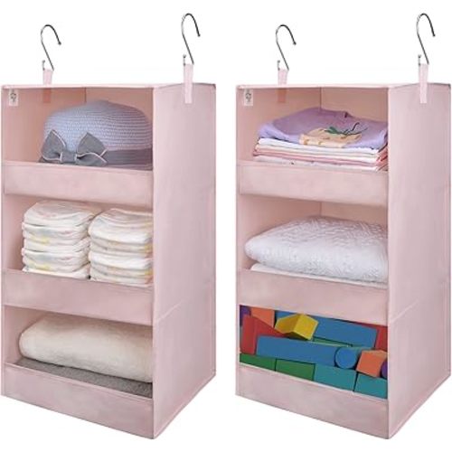 GRANNY SAYS 3 Shelf Hanging Closet Organizers and Storage, Collapsible Closet Storage Organizer with 2 Metal Hooks, Leak-Proof Hanging Shelves for Kids Clothes, Baby Towels, 2 Pack, Pink
