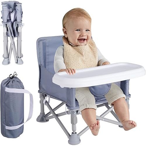 Portable Baby Booster Seat with Tray, Toddler Booster seat for Dining, Camping, Travel, Baby Beach Chair 6 Months to 3 Years Old Indoor Outdoor Use Grey