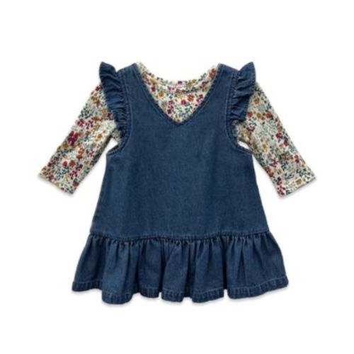 Baby Girls' Long-Sleeve Top and Denim Jumper, 2-Piece Set