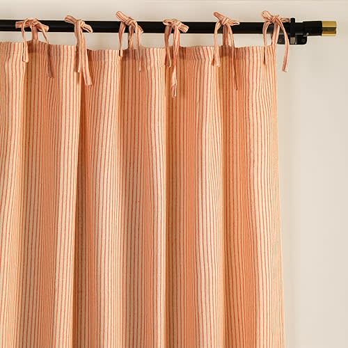 Gauze Striped Curtains, Boho Linen Gauze Tie Top Hanging Curtains Light Filtering Door Window Treatment 2 Panel Curtain Drapes for Living Room Home Décor Orange on Beige (72"x42" Each Panel)