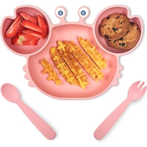 ROCCED Suction Plates for Baby, Silicone Plates with Suction Divided, Baby Spoon Fork Set for Toddler Baby Dishes Kids Plates and Utensils-Crab Pink