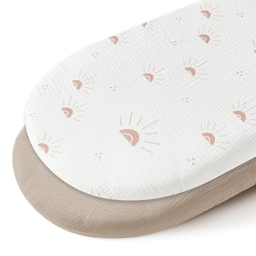 JELLYMONI 2-Pack Muslin Bassinet Sheets for Girls Boys, 100% Cotton Bassinet Mattress Sheets Soft Breathable Universal Fit for Baby Bassinets, Moses Basket, Hourglass Oval and Rectangle Mattress