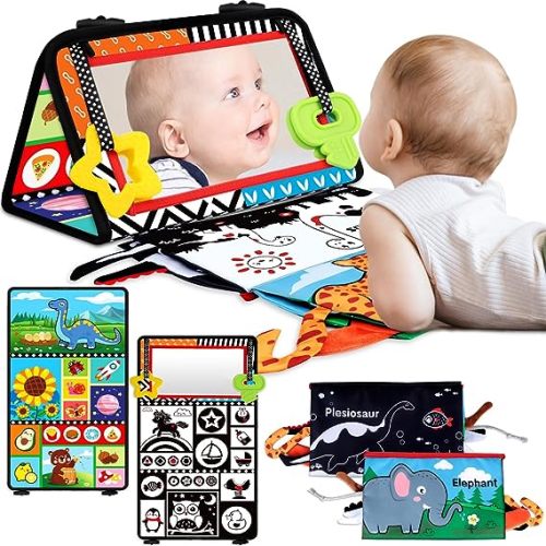 Tummy Time Baby Mirror Toys 0-6 6-12 Months - Montessori Infant Toys Brain Development with Crinkle Cloth Book and Teether - High Contrast Newborn Sensory Toys for Babies Boys Girls Gifts