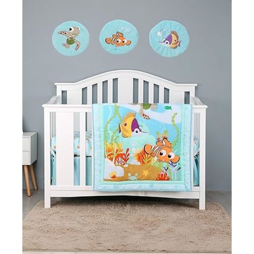 6 PCs Blue Ocean Theme Nursery Crib Bedding Set Baby Boy Embroidery Turtle Clown Fish Cot 1 Quilt Fitted Sheet Skirt 3 Canvas Wall Decor, Blue , Brown , Green , Orange, 28 X 52