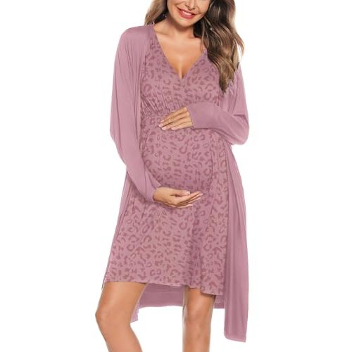 SWOMOG Women Maternity Nursing Gown and Robe Set 3 in 1 Labor Delivery Nursing Nightgown for Breastfeeding Hospital Bathrobe