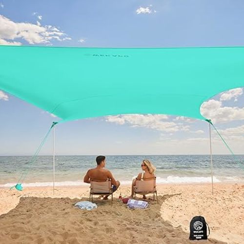 WEKAPO Beach Tent Sun Shelter - Easy Setup Beach Canopy with 4 Sturdy Poles, Large Sandbags and Shovel, 7'1'' Tall, Windproof Sun Shade for Backyard and Camping, UPF 50+ Protection