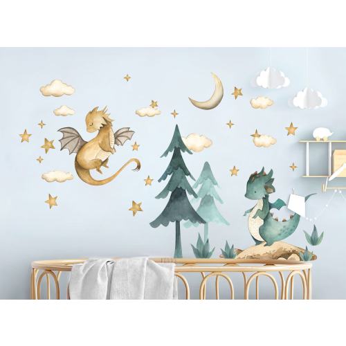 Baby Dragon Resting Under Stars Moon Trees Wall Decal - Removable Peel and Stick - BR426