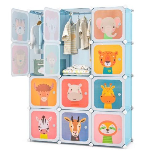 Costway 12-cube Kids Wardrobe Baby Dresser Bedroom Armoire Clothes Hanging Closet With Door Blue