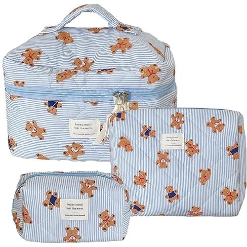 3PCS Quilted Make Up Bag Set Cute Cotton Make Up Pouch Blue Striped Bear Cosmetic Bag Set Large Travel Toiletry Bag For Women(B)