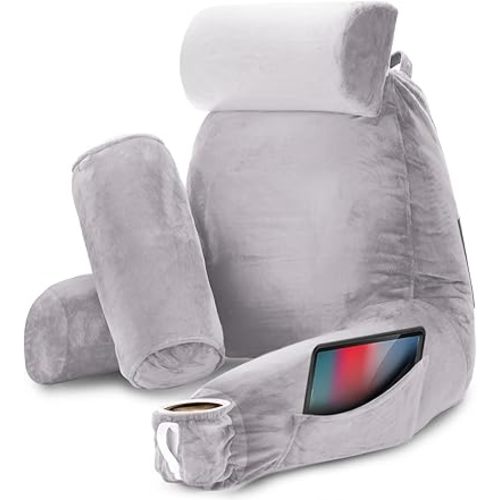 Nestl Reading Pillow with Shredded Memory Foam Includes 2 Neck and Lumber Support Pillows, Designed for Sitting Up in Bed and Couch, Back and Arms Adjustable Support for Adult & Teens, Grey Lavender