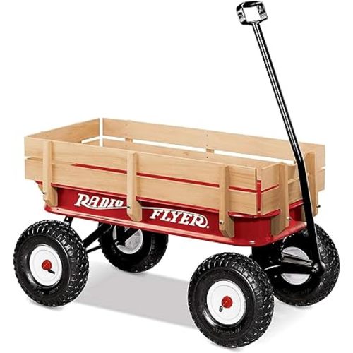 Radio Flyer Full Size All Terrain Classic Steel Pull Along Wagon with Foldable Handle and Wooden Stake Sides for Kids and Cargo, Red