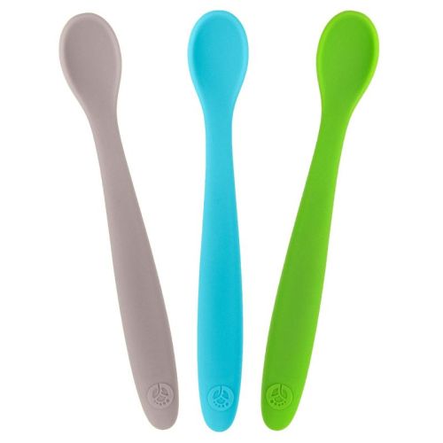 WeeSprout Silicone Baby Spoons, First Stage Infant Feeding Utensils With Soft-Tip - Set of 3 (Matte Tan, Off White, Pink)