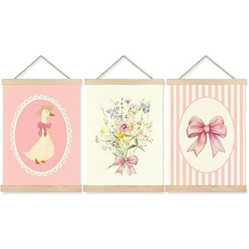 Nipil Coquette Pink Bow Flower Goose Nursery Poster Hanger Frame, Pastel Silly Floral Goose Preppy Bow Hanging Canvas Framed Wall Art Decor for Nursery Girls Room Dorm, 12x16 Inch Set of 3