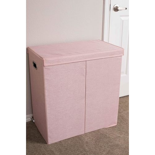 Double Laundry Hamper with Lid | Removable mesh bags | Dual Compartment Clothes Hamper | Pink