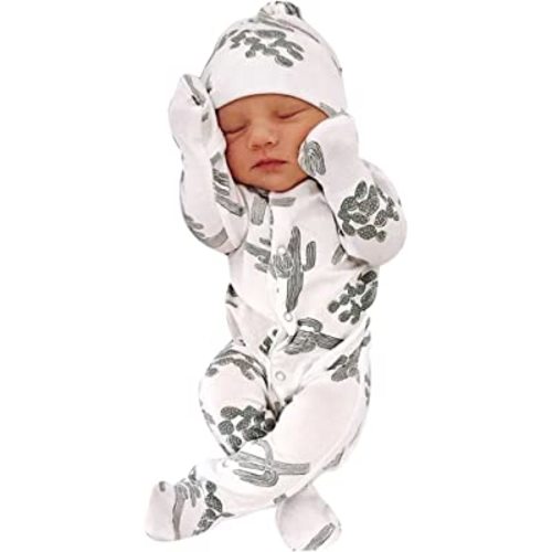 general3 Newborn Baby Boys Girls Bodysuit 2 Piece Set Infant Cactus Print Romper Jumpsuit + Hat Outfits Sets (White, 3-6 Months)