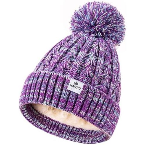 HAITHO Kids Toddler Winter Hat with Pom Pom, 2 Size Kids Beanie Hats for Girls Boys, Cute Warm Fleece Lined Knit Beanies Cap