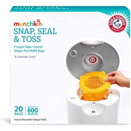 Munchkin Arm and Hammer Diaper Pail Snap, Seal and Toss Refill Bags, Holds 600 Diapers, White 20 Count